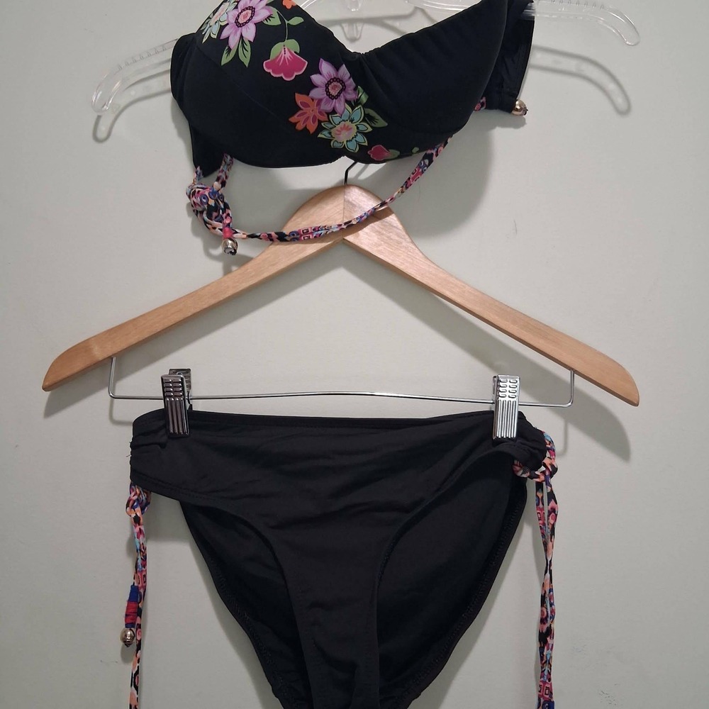Anne Cole Womens Black Floral Bandeau Bikini Set Small Side Tie Swimsuit